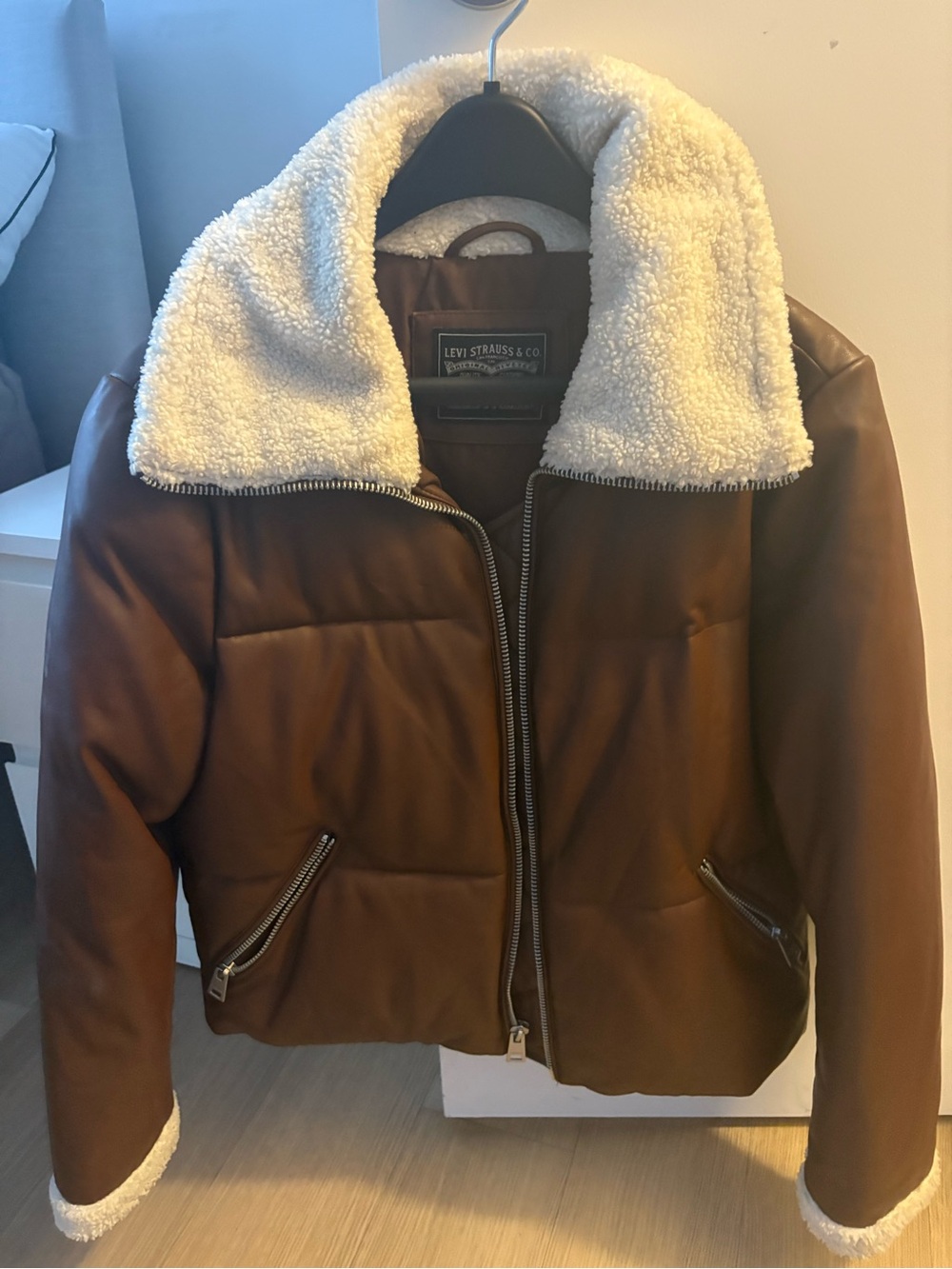 Levi's Brown Faux Leather Teddy Jacket with Cream Sherpa Collar